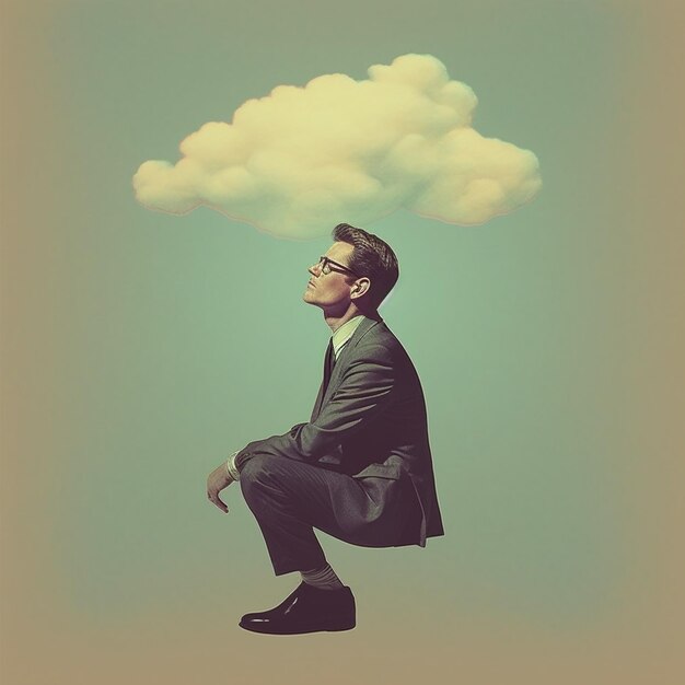 Foto un hombre sentado en una nube que dice 