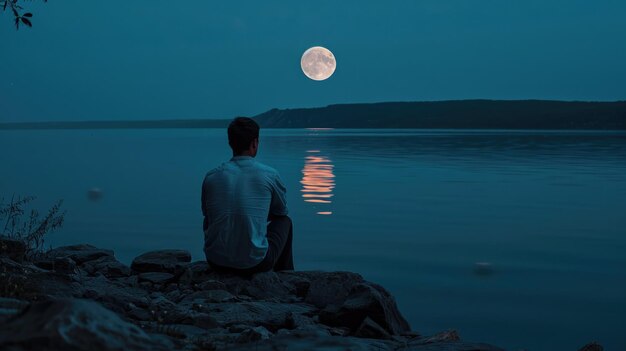 Foto hombre sentado en una orilla rocosa admirando la luna llena