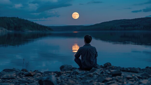 hombre sentado en una orilla rocosa admirando la luna llena