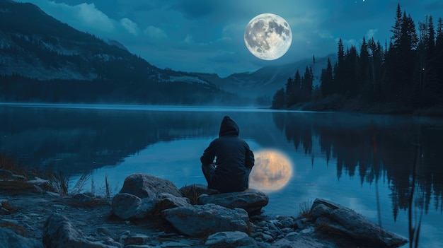 Foto hombre sentado en una orilla rocosa admirando la luna llena