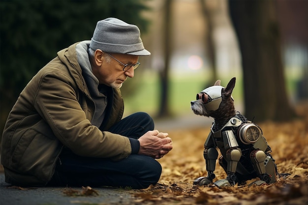 hombre sentado con un perro robot en el parque