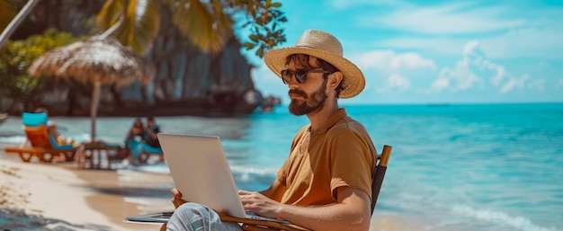 un hombre sentado en una playa con una computadora portátil