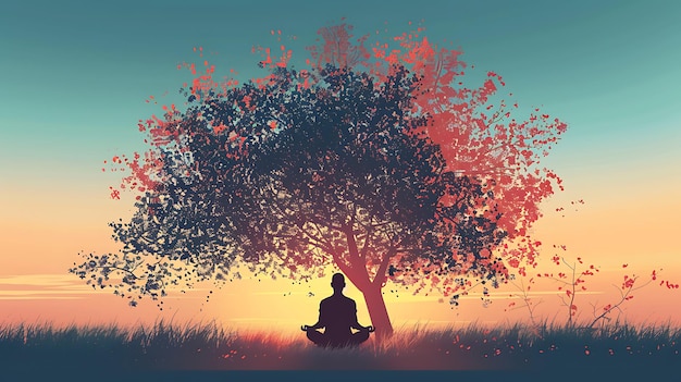 Foto un hombre está sentado en una postura de yoga bajo un árbol el sol se está poniendo en el fondo el cielo parece pacífico