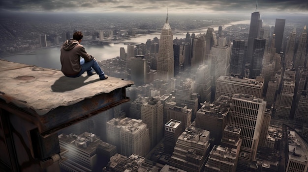 Hombre sentado en una repisa de un edificio alto de rascacielos concepto de depresión de crisis personal IA generativa