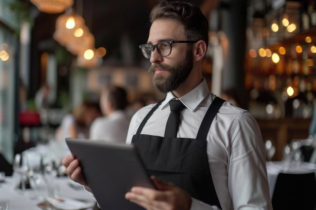 Hombre sentado en un restaurante usando una tableta adecuada para artículos relacionados con la tecnología o conceptos de diseño de sitios web