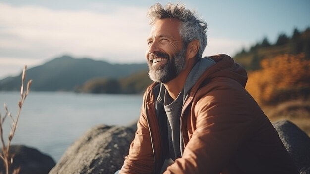 Foto hombre sentado en la roca junto al agua