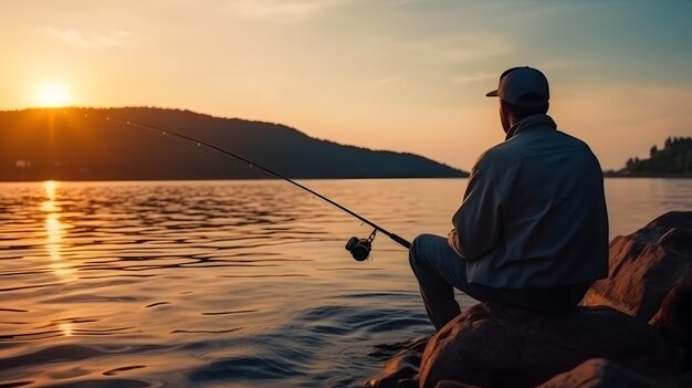 un hombre sentado en una roca sosteniendo una vara de pesca