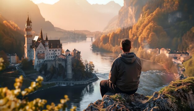 Foto un hombre está sentado en una roca con vistas a un río con un castillo en el fondo