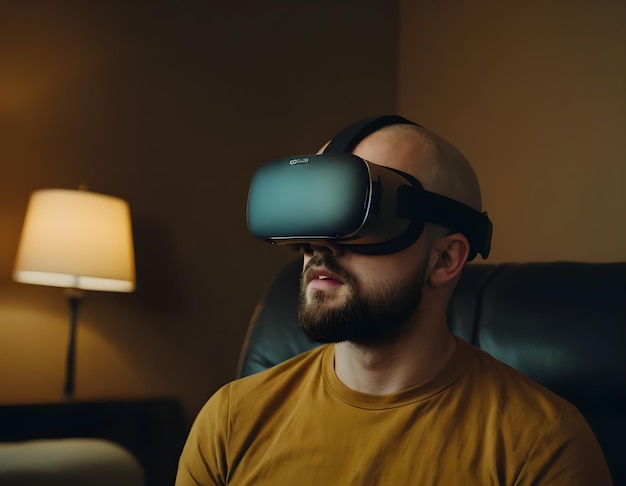 Foto un hombre sentado en una silla con un auricular de realidad virtual