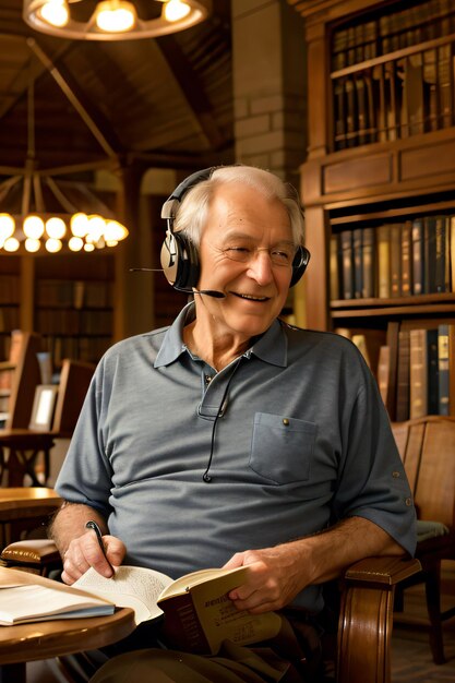 un hombre sentado en una silla con auriculares leyendo un libro en una biblioteca con un libro abierto a un lado