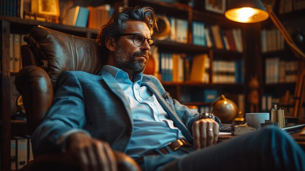 Hombre sentado en una silla en la biblioteca