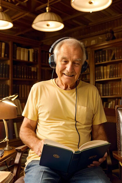 un hombre sentado en una silla leyendo un libro con auriculares en la cabeza y una lámpara al costado de la ta