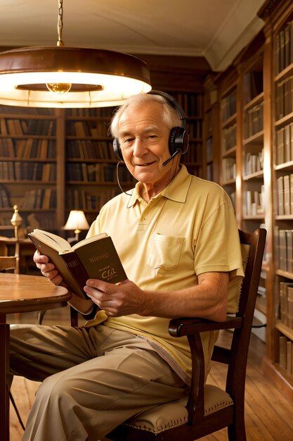 un hombre sentado en una silla leyendo un libro en una biblioteca con una lámpara encima y una mesa con una lámpara o