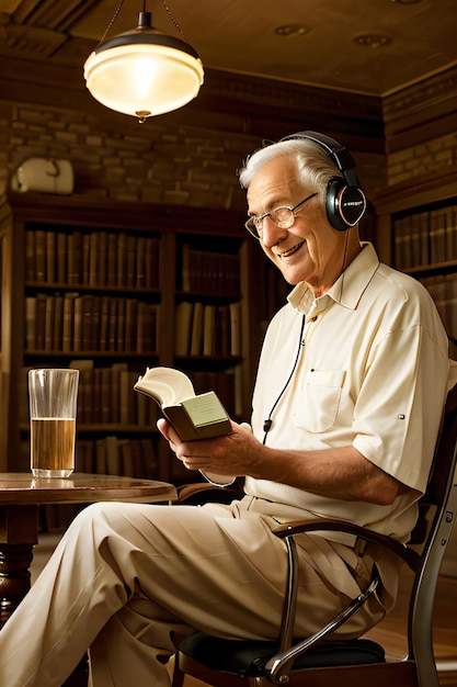 un hombre sentado en una silla leyendo un libro y usando audífonos y escuchando música en su casco