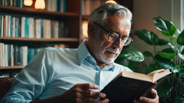 Hombre sentado en una silla leyendo un libro