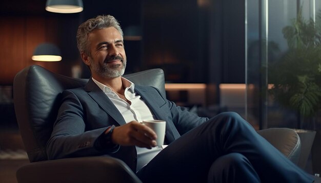 Foto un hombre sentado en una silla con una taza de café