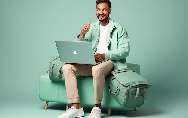 Un hombre sentado en una silla trabajando en una computadora portátil contra un fondo verde mar