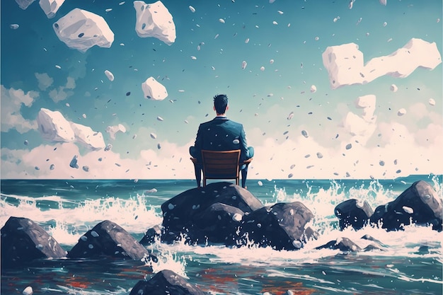 Hombre sentado en un sillón en el mar con rocas flotando en el cielo Hombre en el sillón cerca de la pintura de ilustración de estilo de arte digital marino