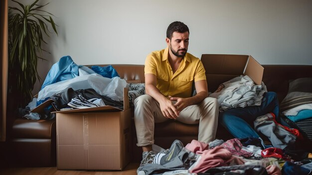 Un hombre sentado en un sofá junto a una pila de ropa IA generativa