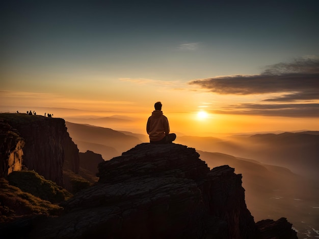 Un hombre sentado solo en un acantilado mirando la hermosa vista del atardecer
