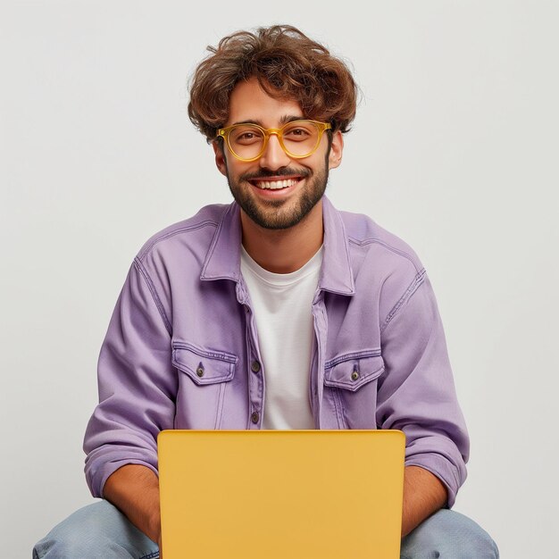 Hombre sentado en el suelo con una computadora portátil