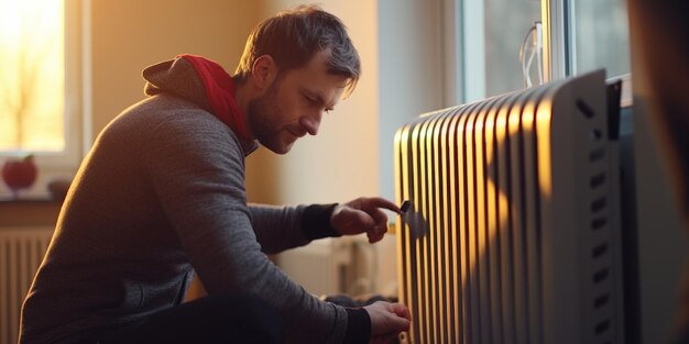 Foto un hombre sentado en el suelo junto a un radiador puede usarse para ilustrar la calefacción del hogar, el calor, la comodidad o la relajación.