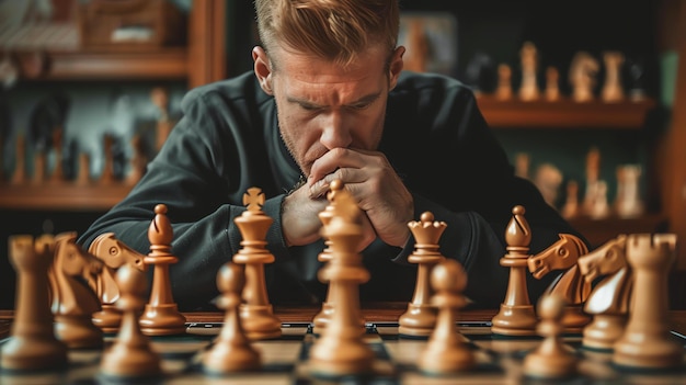 Foto un hombre está sentado en un tablero de ajedrez contemplando su próximo movimiento lleva una sudadera negra y tiene barba