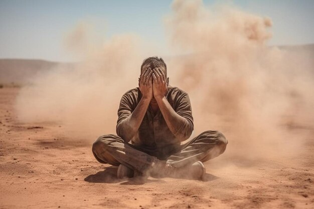 Foto un hombre sentado en la tierra con las manos cubriendo su cara