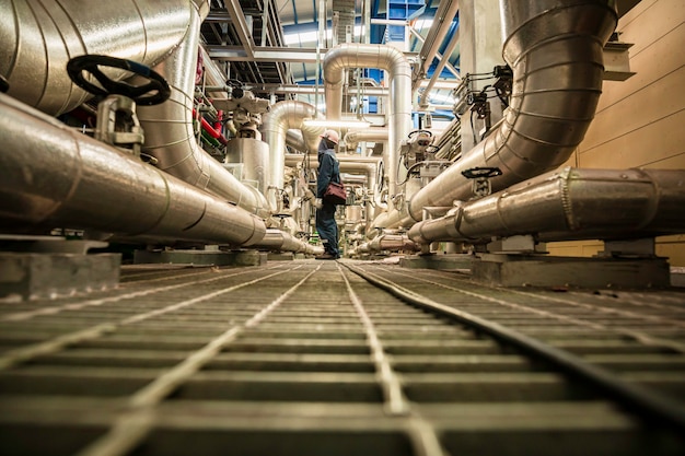 Hombre para ser trabajador inspección visual dentro de la válvula de la sala de control y plantas de energía de tuberías