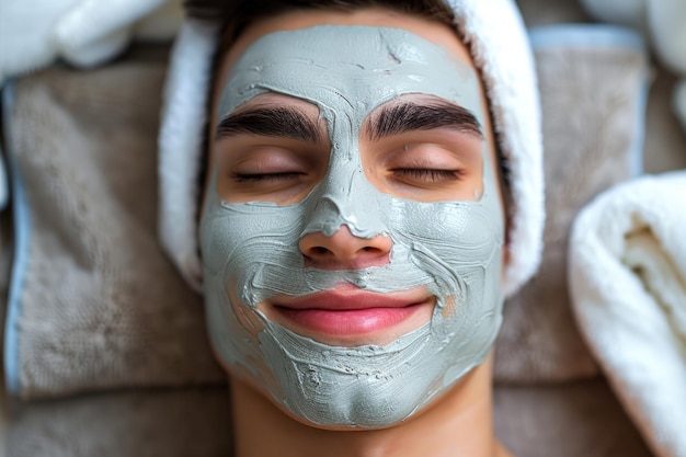 Un hombre sereno aplicando pacíficamente una máscara cosmética de arcilla en su cara disfrutando de un momento de relajación y cuidado personal