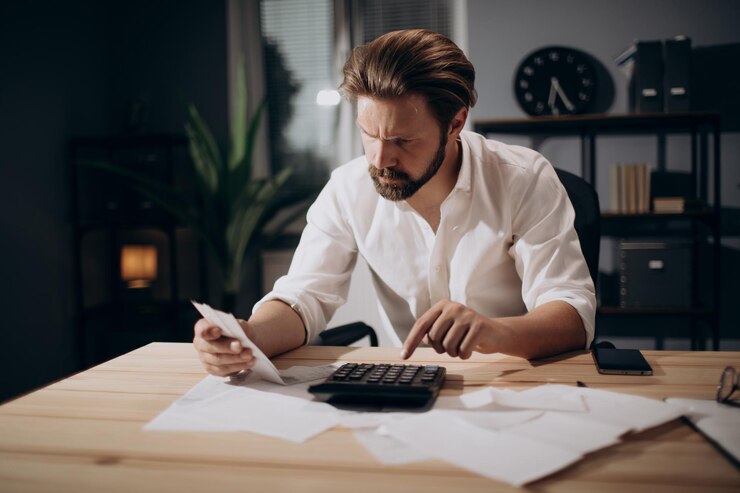 Hombre serio que usa la calculadora para volver a revisar las facturas en la oficina