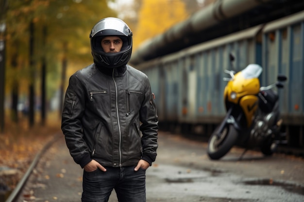 Hombre serio con ropa de moto y casco colores negros generado por ia