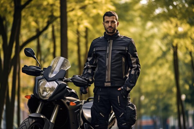 hombre serio con ropa de moto y casco colores negros Generado por IA