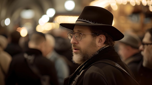 Hombre serio con sombrero fedora reflexionando en un lugar abarrotado fotografía de estilo callejero sincera imagen de estilo de vida de alta calidad IA