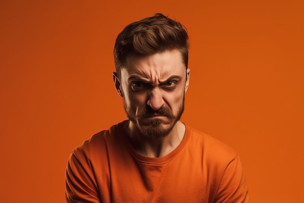 un hombre en una sesión de fotos de fondo de color sólido con expresión de cara de ira