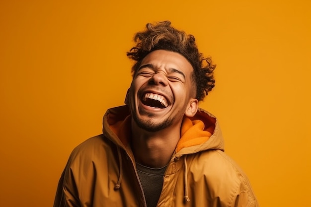 Foto un hombre en una sesión de fotos de fondo de color sólido con expresión de cara de risa