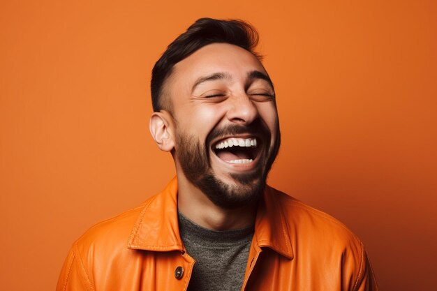 un hombre en una sesión de fotos de fondo de color sólido con expresión de cara de risa