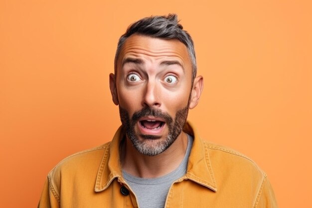 Foto un hombre en una sesión de fotos de fondo de color sólido con expresión de cara sorpresa