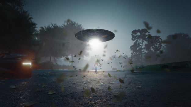 Foto hombre siendo secuestrado por ovni concepto de abducción alienígena representación 3d