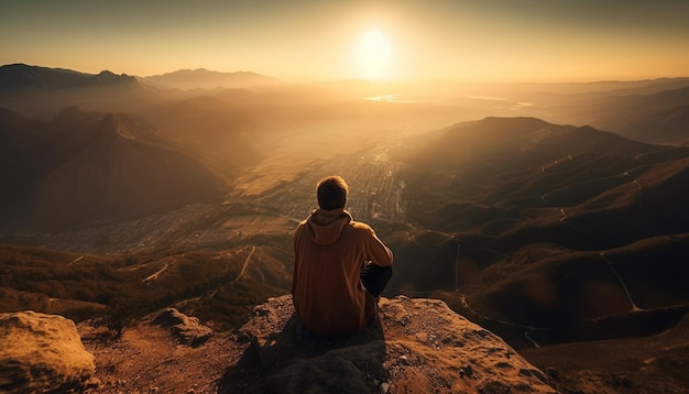 Un hombre se sienta en un acantilado mirando la puesta de sol.