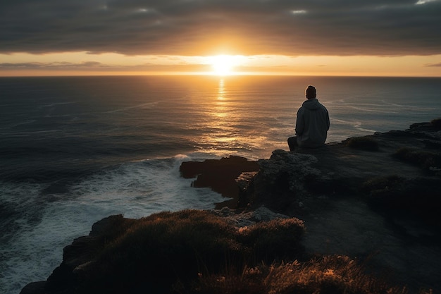 Un hombre se sienta en un acantilado mirando la puesta de sol.