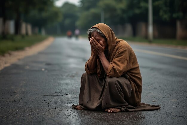 un hombre se sienta al lado de la carretera con las manos en la cara