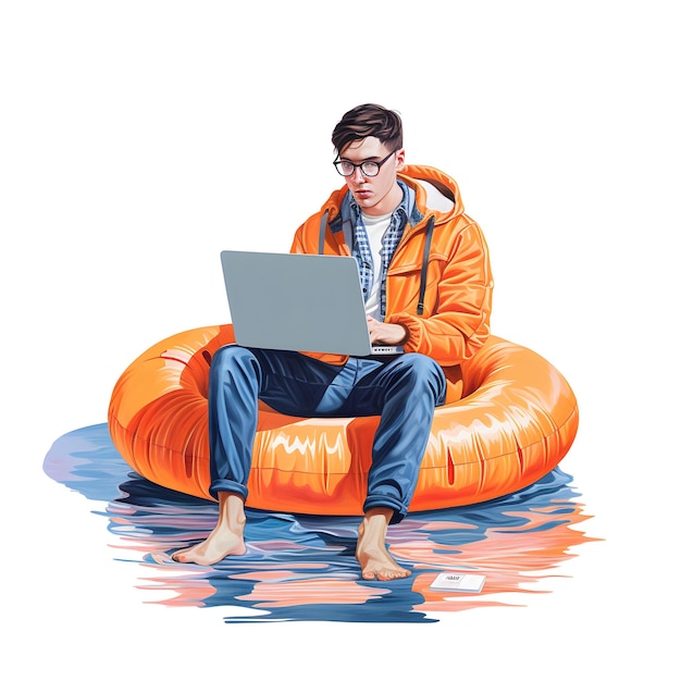 Un hombre se sienta en un anillo inflable naranja con una computadora portátil en la mano.