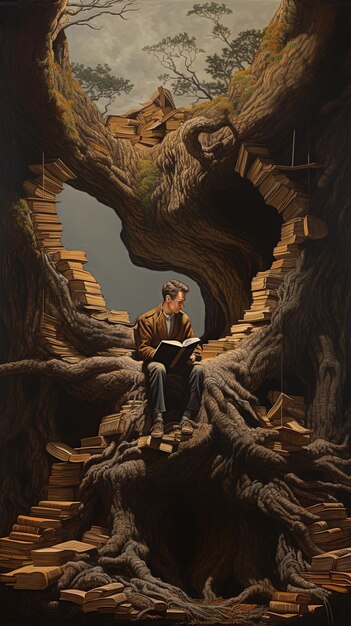 un hombre se sienta bajo un árbol con un libro en su regazo