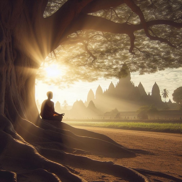 Foto un hombre se sienta bajo un árbol meditando