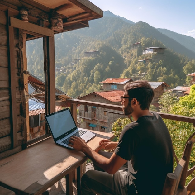 un hombre se sienta en un balcón con una computadora portátil
