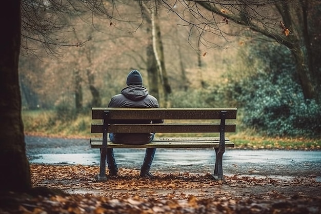 Un hombre se sienta en un banco en el bosque