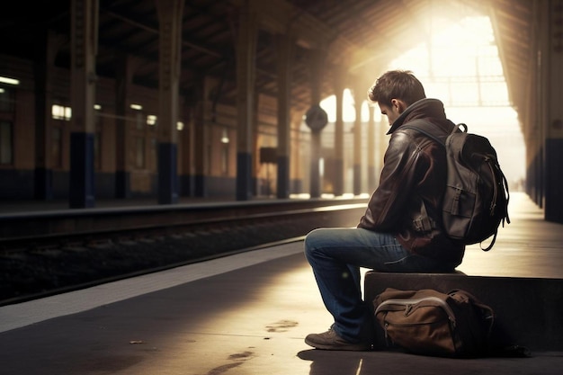 un hombre se sienta en un banco en una estación de tren con una mochila y una mochila.
