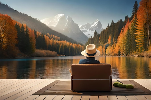 Un hombre se sienta en un banco frente a un lago y mira las montañas a lo lejos.