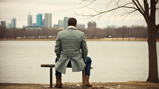 El hombre se sienta en un banco y mira la vista de atrás del lago